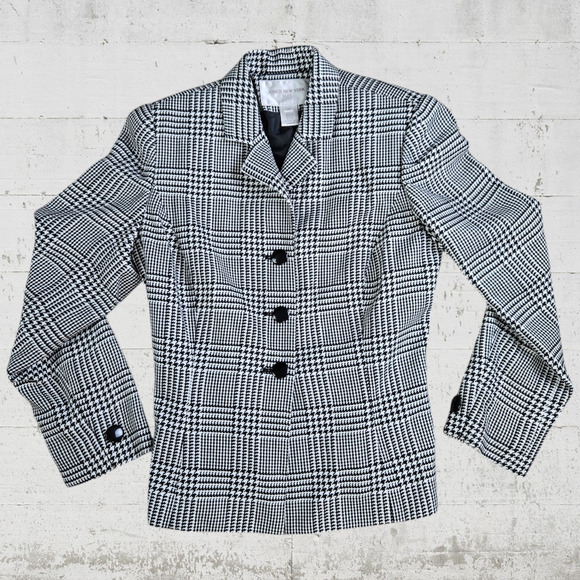 1990s Vintage Black White Houndstooth Plaid Belted Office Blazer Jacket Size 8 - Picture 1 of 14